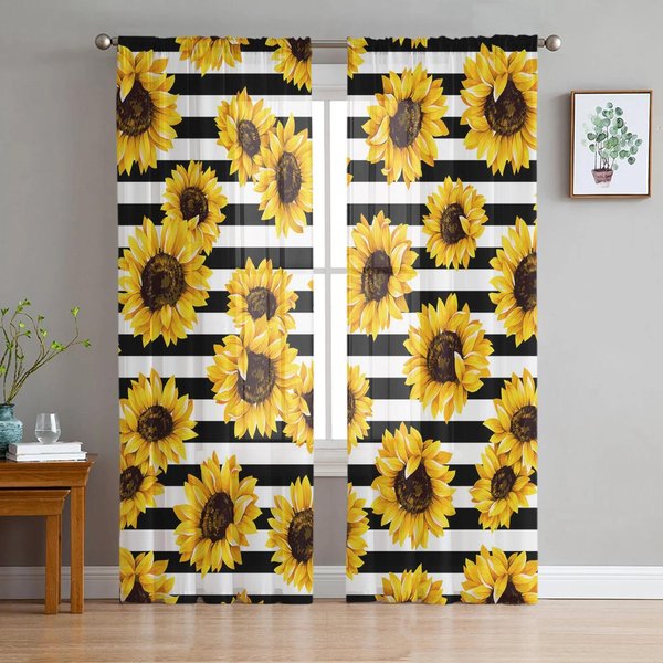Cortinas Semitransparentes De Flores En Blanco Y Negro Para DecoracióN De Dormitorio Sala De Estar Cortina De Ventana Para Cocina Tul Voile Organza Cortinas W135 X H115Cm X1&Grommet Top-image