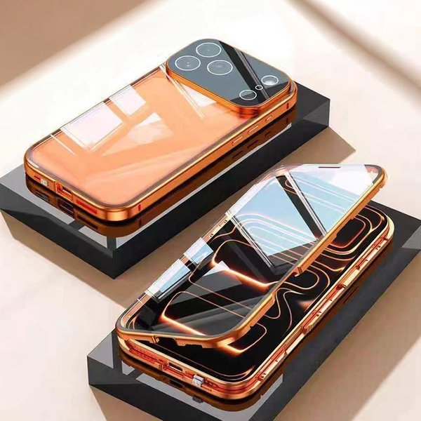 Luksusowe Etui Ze SzkłA Hartowanego 360° Z PełNym Pokryciem, Dwustronne, Na Iphone 17 16 15 14 13 12 11 Pro Max Air, Odporne Na Zarysowania, Magnetyczne Etui Na Telefon For Iphone 17 Pro Max PomarańCzowy-image