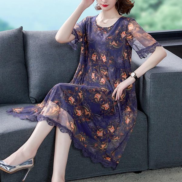 Vestido De Gasa Longitud Media Tallas Grandes Vestido Estampado Floral Por Encima De La Rodilla Cuello Redondo Manga Corta Suelto 5XL-image
