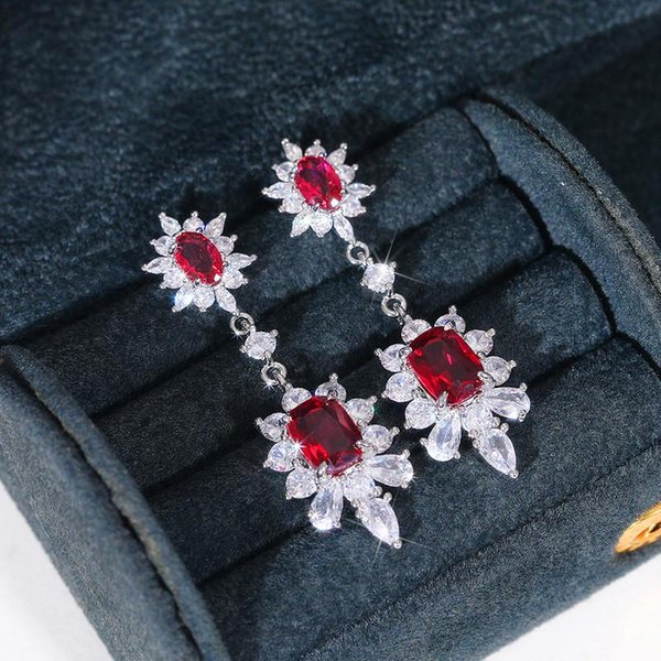 Pendientes Colgantes De Flor De Plata De Ley Con Circonita CúBica Roja Para Mujer, Compromiso, Fiesta De Boda, Pendientes Elegantes, JoyeríA De Moda-image