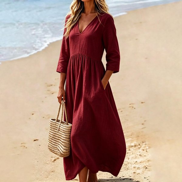 Vestido Midi Casual Para Mujer Con Escote En V, Corte Holgado, Manga Tres Cuartos, Bolsillos, Tejido Ligero De Lino Y AlgodóN, DiseñO CóModo L Vino-image