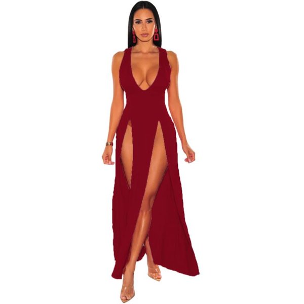 ReciéN Llegados Vestidos Sexis De Mujer Con Abertura Alta Sin Mangas Con Escote En V Profundo Y Abertura Alta Vestidos Largos De Fiesta Ajustados De Verano Rojos XL Claret-image