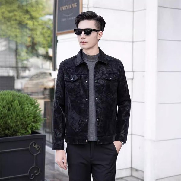 MęSka Kurtka SkóRzana Z Nadrukiem Wiosna I Jesień Nowy Styl Klapa Moda Styl KoreańSki Modna DużY Rozmiar MęSka Kurtka SkóRzana 3XL Czarny-image