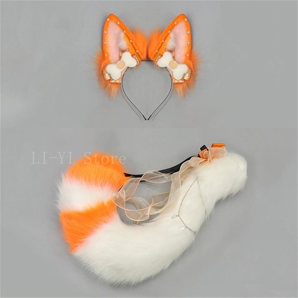 Juego De 2 Piezas/Set Orejas Y Cola De Zorro Kitsune Hechas A Mano Diadema De Orejas De Animal De Felpa Con Cola Para Accesorios De Disfraz Furry Cosplay Lolita Ear And Tail Beige-image