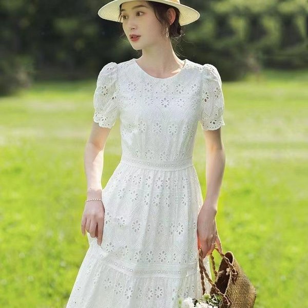 Vestido FrancéS De Cuello Redondo Blanco Para Mujer Verano Nuevo Ropa De Mujer Cintura Temperamento Falda Larga Hueco S Blanco-image