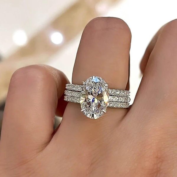 Huitan ÓValo Zirconia CúBica Juego De 3 Anillos Para Mujer Color Deslumbrante Anillos De Boda Nupcial Aniversario Fiesta JoyeríA De Moda 9-image