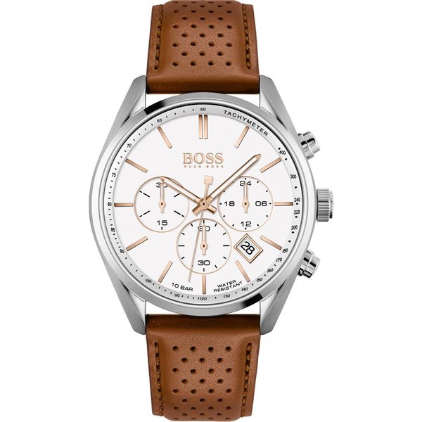 Reloj De Cuarzo Para Hombre Boss Champion Esfera Blanca Correa De Cuero MarróN 1513879 Blanco-image