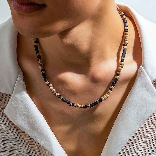 BrąZowo-Czarny MałY Naszyjnik Z KoralikóW MęSki Modny Drewniane Koraliki KróTki Choker Naszyjnik KołNierz Na Szyję 2023 Modna BiżUteria MęSka Brown-image