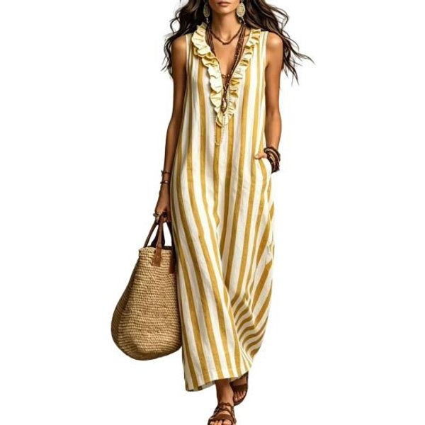 Vestido Maxi De AlgodóN Y Lino A Rayas Para Mujer Sin Mangas Volante Cuello En V Largo Boho Playa Fluido Vestido De Verano Con Bolsillos L Amarillo-image