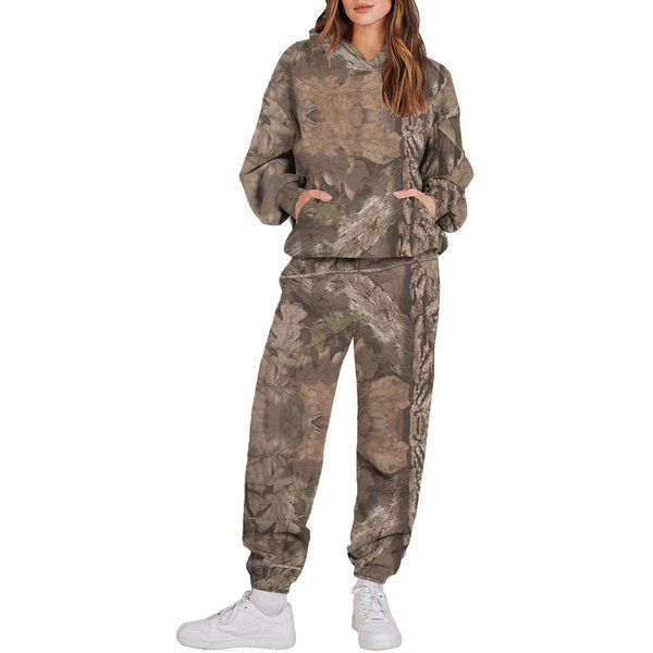 Damski Dres Sportowy Z Kapturem Unisex DwuczęśCiowy Odzież Do Biegania Z DłUgim RęKawem Pulower Z Kapturem Bluza + Zestaw Spodni Dresowych L Kawowy-image