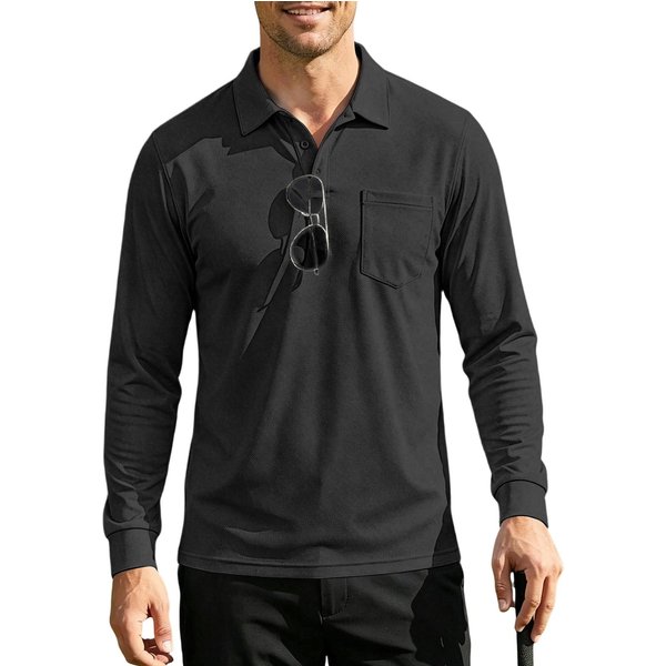Camisa Polo De Manga Larga Para Hombre, Corte Holgado, Color SóLido, Estilo TáCtico Casual Para Exteriores De OtoñO, Con Cuello Y Bolsillo En El Pecho L Negro-image