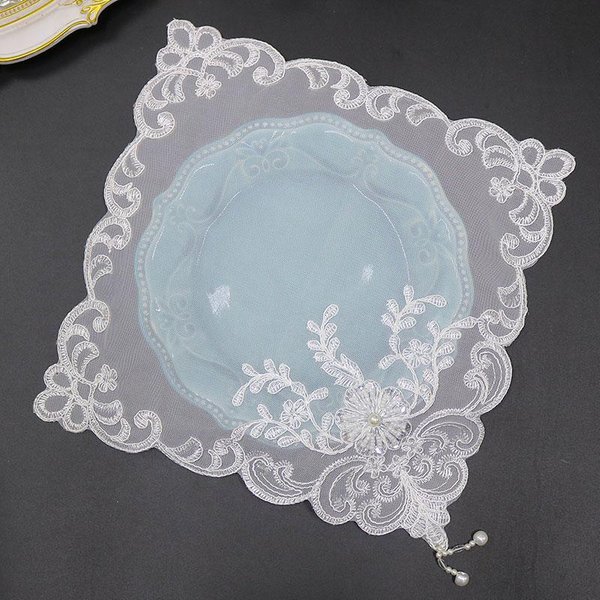 DecoracióN De Mesa Y Accesorios, Mantel Individual Con Bordado De Flores Y Cuentas Blancas, Posavasos De Tela, Mantel Individual Para Boda, Navidad, Cocina Square 28Cm-image
