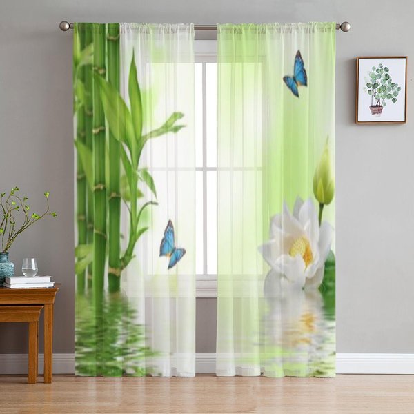 Mariposa Azul Tropical Bambú Lirio Reflejo Agua Cortinas Transparentes Sala De Estar Tul Cortina De Ventana Dormitorio Cocina Cortinas 135W X 114H(Cm) White-image