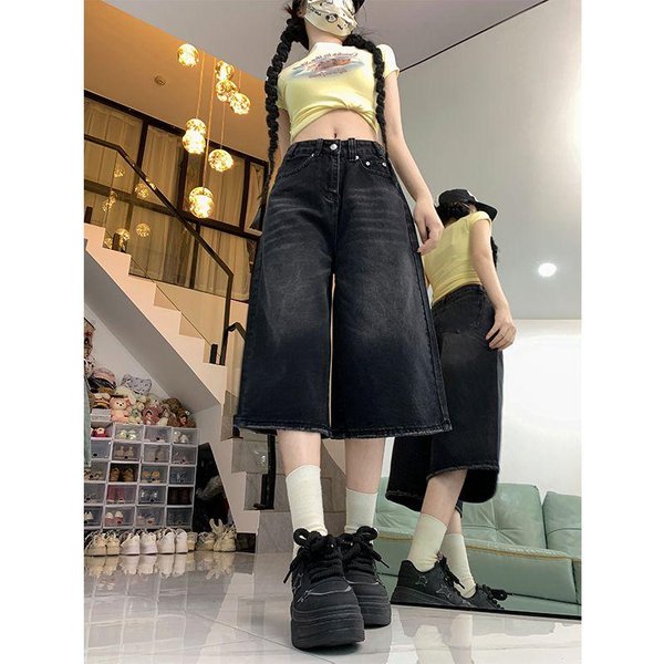 Jeans Cortos Anchos Retro Azules Mujer Baggy Y2K Jorts Casual Vintage Streetwear Harajuku Estilo Coreano Pantalones Cortos Denim BáSicos Verano XS Gris Negro-image
