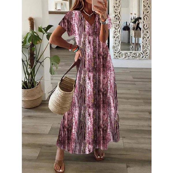 Jkashdk Vestidos Casuales De Cintura Media Con Cuello En V Y Manga Corta Con Estampado De Primavera Y Verano Para Mujer Xxxl Black-image