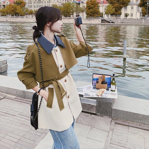 Abrigo Cortavientos Para Mujer, Abrigo Holgado De Dos Piezas De Estilo BritáNico De Largo Medio Con Contraste De Color Para Primavera Y OtoñO XL Gray-image