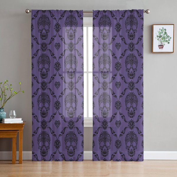 Cortinas Transparentes Moradas De Calaveras Para DecoracióN De Sala De Estar Cortinas De Ventana Para Cocina Cortinas De Tul Voile Organza W135 X H160Cm X1-image