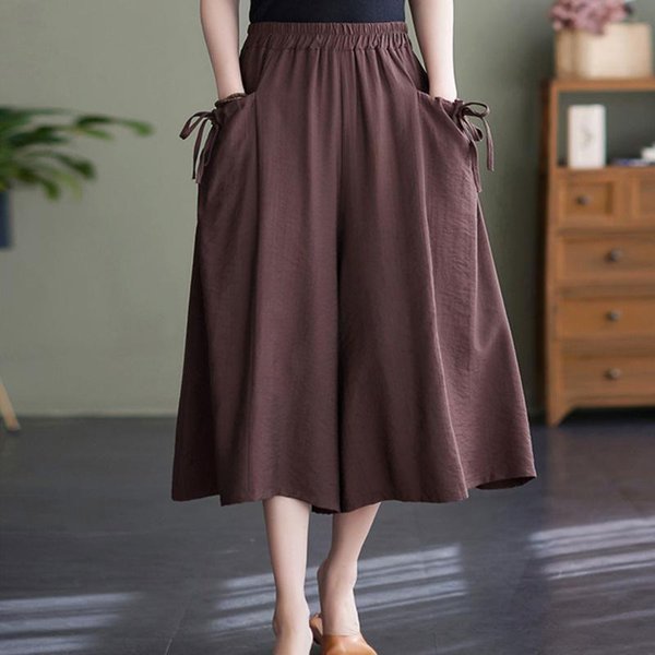 Pantalones De Pierna Ancha Para Mujer En Verano Ajuste Holgado Talla Grande Color SóLido Cintura EláStica Pantalones Falda De Gran OscilacióN Casual Pantalones Cortos 3XL MarróN Oscuro-image
