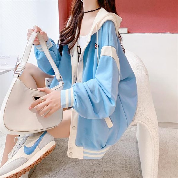 Druk Damska Bluza Z Kapturem Na Zamek DłUgi RęKaw LuźNa Streetwear Pulower Bluza Swetrowa Kurtki M Niebieski-image