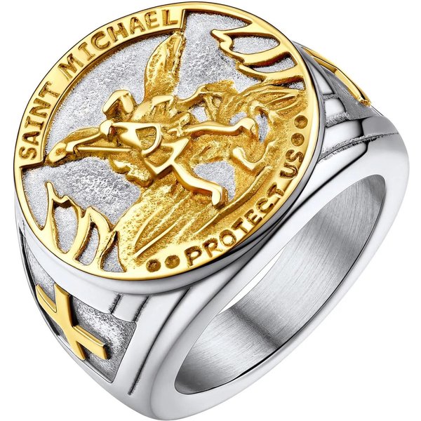 OkrąGłE PierśCienie PieczęCiowe Dla MężCzyzn Kobiet Katolicki Archanioł ŚWięTy Michał Amulet Czarno-ZłOty Kolor Stal Nierdzewna BiżUteria PierśCień Prezent 11 ZłOty-image