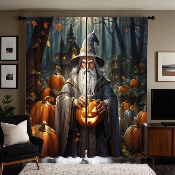 2 Piezas De HD Noche Oscura Halloween Con Calabaza Anciano Cortina Corbata Negra Cortina Impresa Digital DecoracióN Del Hogar Estil W52H63Inchw132H160Cm-image