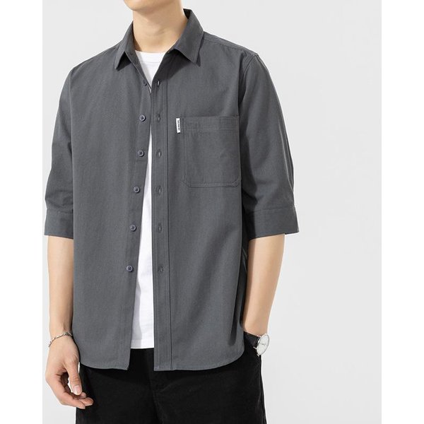 Camisa De AlgodóN Puro De Manga Corta Para Hombre Verano Nuevo Estilo Sin Planchado Manga Tres Cuartos Chaqueta Camisa Lavada Top Casual VersáTil Trendy 4XL Gray-image