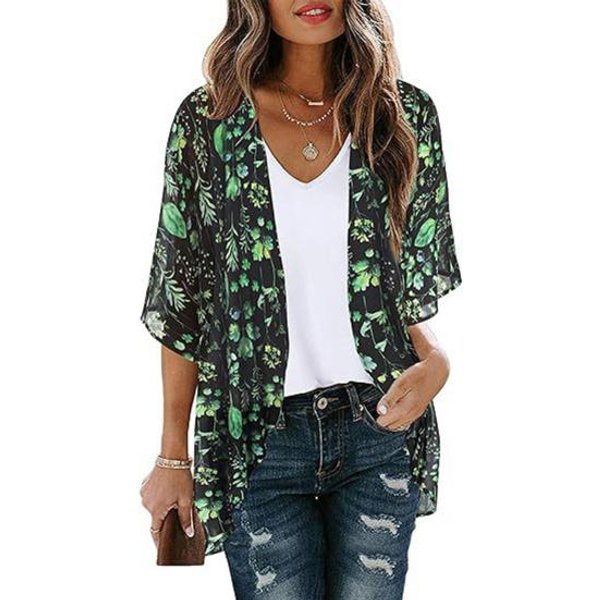 Camisa De Playa Para Mujer Manga 3/4 Largo Medio Tops ProteccióN Solar Estampado Floral Transpirable Corte Holgado Chal De Playa Ropa Exterior XL-image