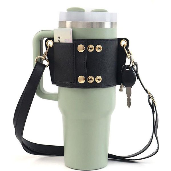 SkóRzany Uchwyt Na Butelkę Wody Ze SkóRy PU Torba Na Ramię PodróżNa Z Regulowanym Paskiem Torba Kompatybilna Z Kubkiem 30/40Oz Czarny-image