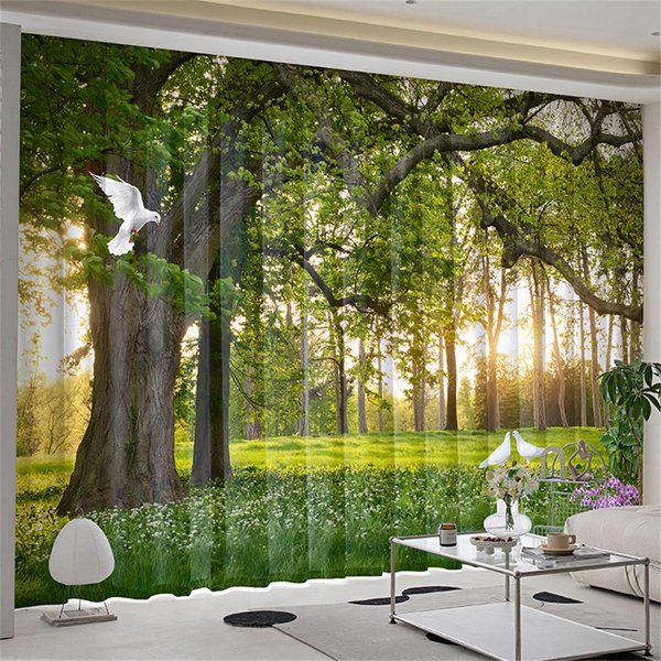 Cortinas Con DiseñO De Paisaje Natural, Bosque, CéSped, áRbol, Para Sala De Estar, Dormitorio, BañO, Cocina, Puerta, DecoracióN Del Hogar, 2 Unidades W50X160H(Cm)X2Pcs&Hook-image