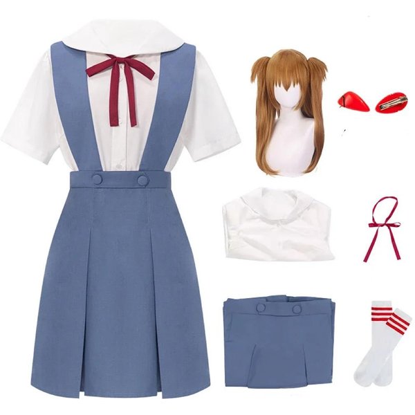 Disfraz Cosplay De Rei Ayanami Asuka Langley Soryu Cosplay Para Mujer Uniforme Escolar Vestidos Peluca Pinzas Para El Cabello Halloween Ropa Loli S-image