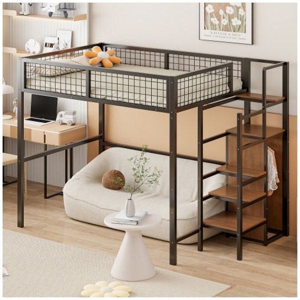 Cama Mezzanina - Muvoe - 140X200 Cm - Metal - Escalera De Seguridad - Almacenamiento Integrado-image
