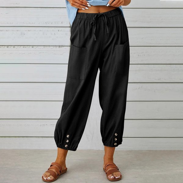 Letnie Spodnie Damskie LuźNe, Zapinane Na Guziki BawełNiane Spodnie Lniane DziewięCiopunktowe Spodnie Szerokie Nogawki 4XL Black-image