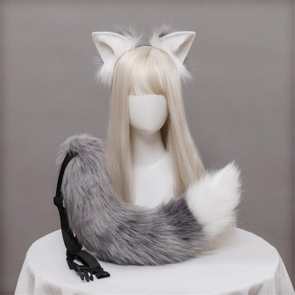 2 Piezas/Set Orejas De Gato De Felpa Cola Peluda Fursuit Diadema Lolita Cola De Gato Accesorios De Cosplay Diadema De Orejas De Animales De SimulacióN Hecha A Mano Ear And Tail Gray-image