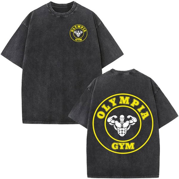 Camiseta vintage Lavada Olympia Gym Fitness Moda Hombre Manga Corta AlgodóN Cuello Redondo Camisetas Oversize Streetwear Unisex M Yellow-image