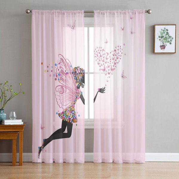 Cortinas TraslúCidas Rosas De NiñA Con Flores Y Mariposas Para DecoracióN De Sala De Estar Cortinas De Ventana Para Cocina Cortinas De Tul Voile Organza W135 X H137Cm X1-image