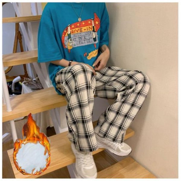 Pantalones Casuales De Cuadros Para Mujer Primavera Y OtoñO Nuevos Sueltos Rectos Cintura Alta Pierna Ancha Pantalones Largos 4XL Blue-image