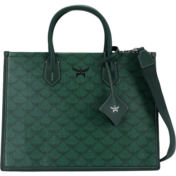 MCM Modna SkóRzana Torba Tote Z Nadrukiem ŚRednia Damskie Torebki Ciemnozielona MWTESAC02G0001 Basic Set (Bag+Dust Bag)-image