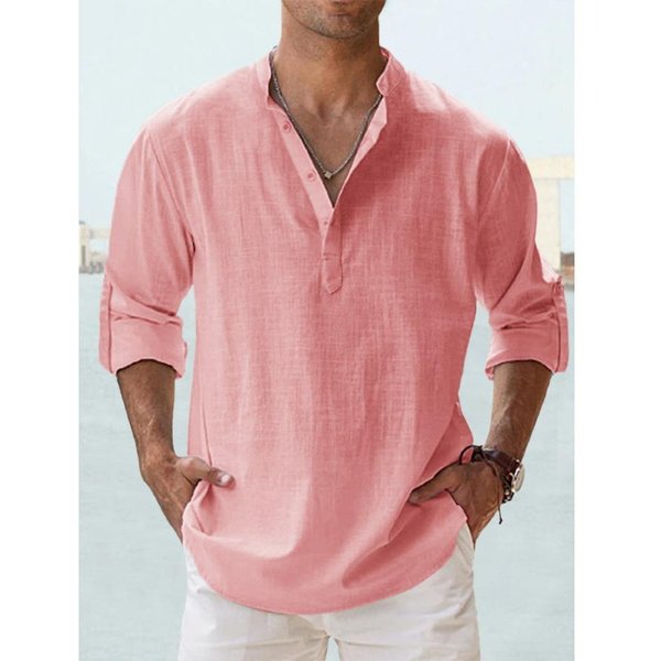 Camisas Casuales De Lino Y AlgodóN Para Hombre, Camisas De Manga Larga De Color Liso Con Botones Y Cuello Alto Para Hombre 4XL Color Rosa-image