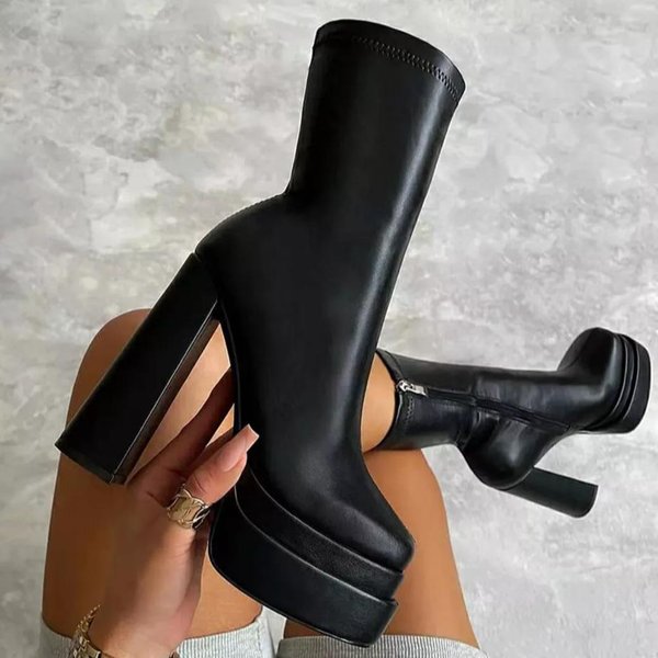 Buty Damskie Designerskie Luksusowe Nowe Modne Buty Na Platformie Na Obcasie Damskie SkóRzane Super Wysokie Buty Na Obcasie Damskie Zimowe 37 Czarny-image