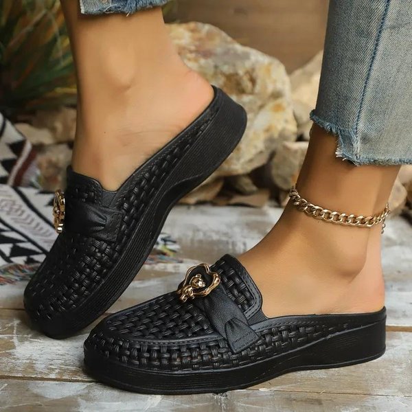 Zapatos De Mujer De Alta Calidad Baotou Zapatillas Para Mujer Moda DecoracióN MetáLica Zapatillas Casuales Para Mujer Nuevas Antideslizantes Planas 40 Negro-image