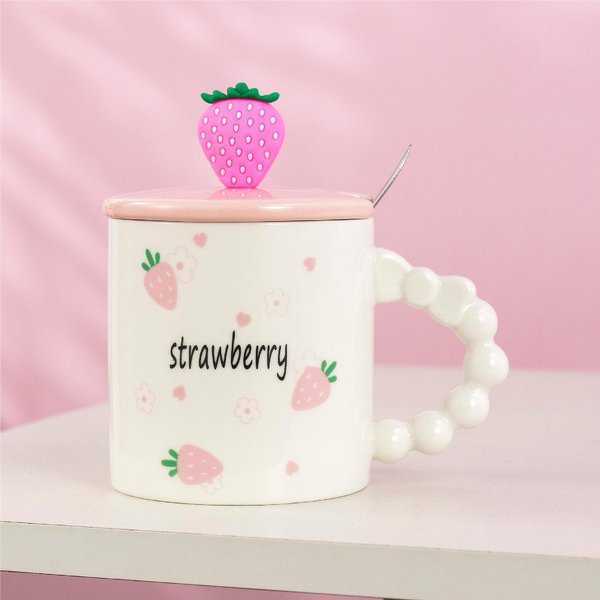 Taza De CeráMica Linda Con Tapa Cuchara Taza PequeñA Para Agua Fresca Souvenir Taza De Café Para El Hogar Taza Para Pareja De Fresa 400Ml-image
