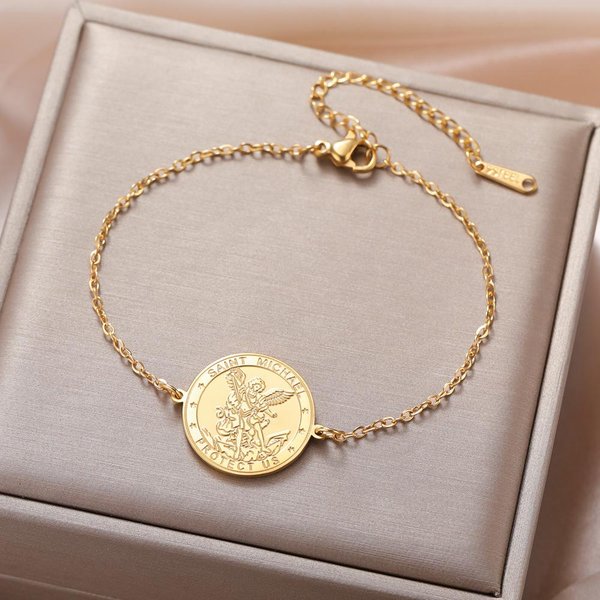 Pulsera Del ArcáNgel San Miguel Dawapara Doble Cara Tallada Amuleto De ProteccióN Para Nosotros OracióN JoyeríA De Acero Inoxidable Beige-image
