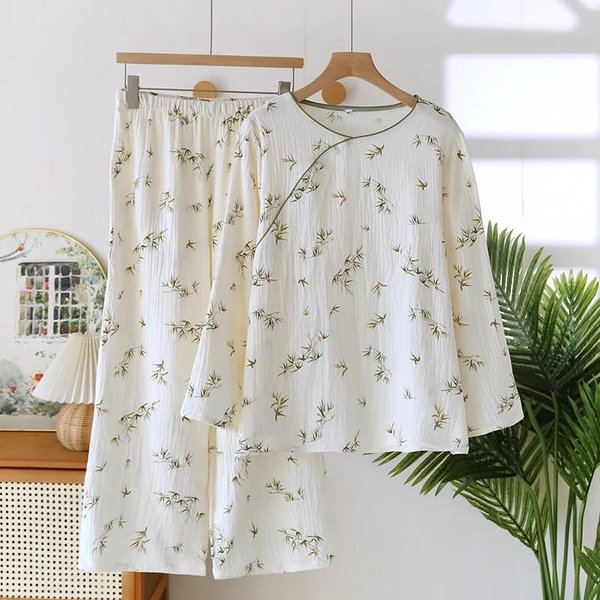 Conjunto De Pijama Nuevo De Primavera Y OtoñO Para Mujer 100% AlgodóN Crepé Manga Larga PantalóN Largo Conjunto De Dos Piezas Ropa Sencilla Para El Hogar XL Gray-image