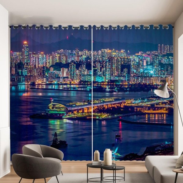 2 Panele Widok Miasta Nocą Wysoki Budynek Miejski Krajobraz Drukowana ZasłOna Do Sypialni, Salonu, Kuchni, Okna, ZasłOny 100W130H(Cm)40X51In&Grommet Top-image