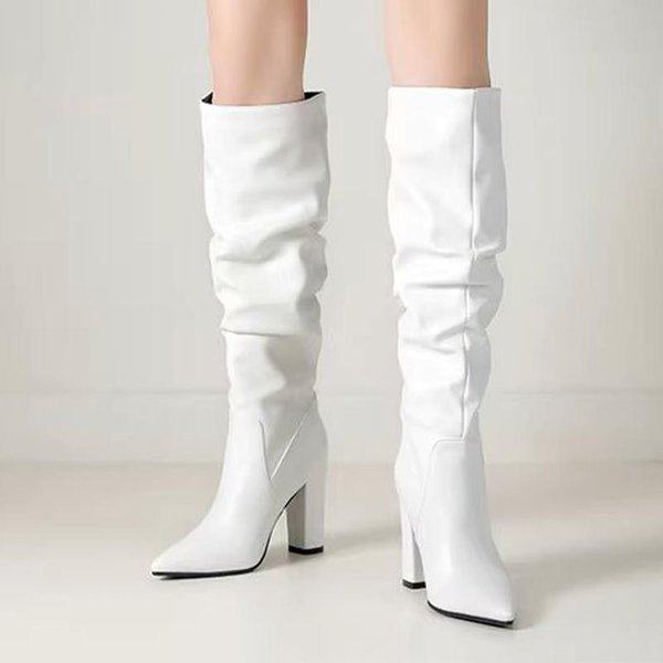 Wysokiej JakośCi Szpilki Damskie DłUgie Buty Grube Buty Szpiczasty Nosek Projektantka Kobieta Zimowe Buty Nowe Luksusowe Femme Chelsea Botas 40 BrudnobiałY-image