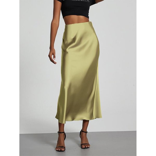 Moda SatéN Fiesta Falda Larga Cintura Alta Color SóLido Casual BáSica Faldas Mujer Falda Cola De Pez Chic Verano Ropa Mujer XS Beige-image