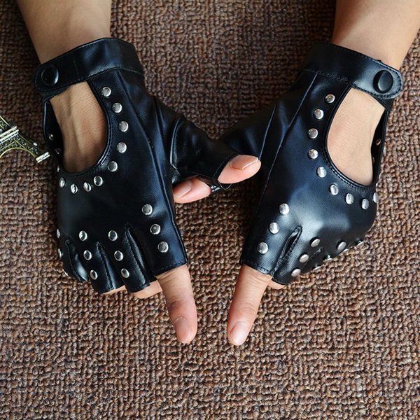 1 Par De Guantes Sin Dedos De Cuero PU Negro Para Halloween Femeninos Medio Dedo ConduccióN Moda Femenina Guantes Punk Guantes De Baile Con Remaches One Size Black-image