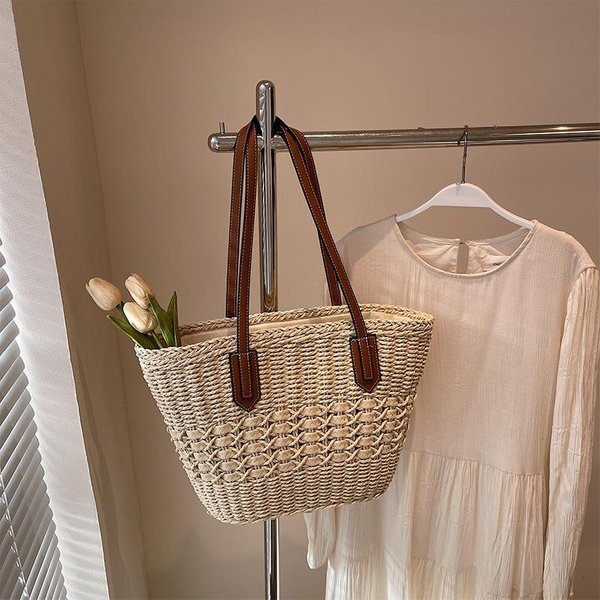 Bolso De Paja Tejida De Un Solo Hombro Bolso Nuevo De Paja Tejida A Rayas ArcoíRis Bolso De Playa Para Vacaciones Bolso VersáTil Para Mujer Gray-image