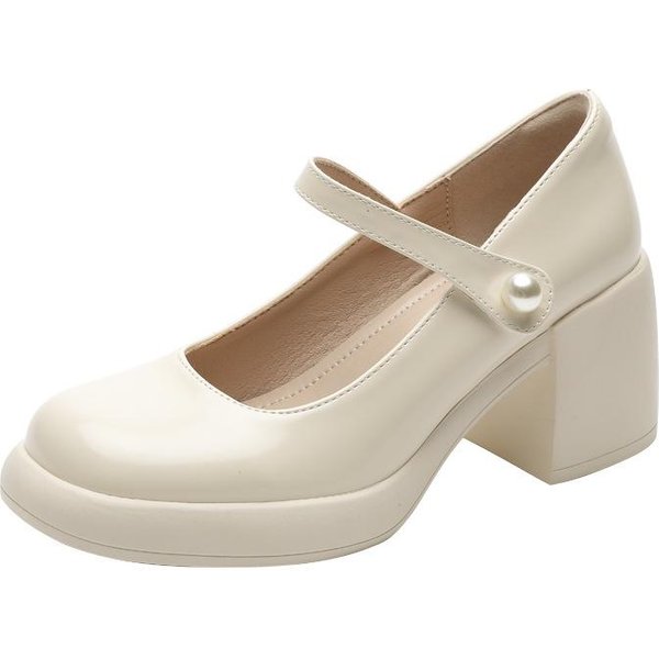 Zapatos Mary Jane De Cuero Genuino TacóN Grueso Zapatos Individuales Para Mujer Primavera Nuevos Tacones Altos Hebilla De Perlas Retro Boca Baja Zapatos De Hada 38 Brown-image