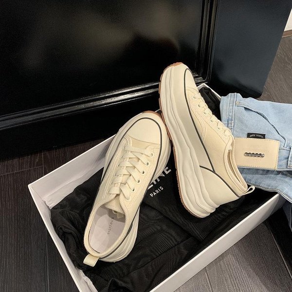 Zapatos De Lona Con Cordones De Suela Gruesa Para Mujer Primavera Nuevo Estilo PequeñO Aroma Combinable Casual Zapatos Blancos 40 Black-image
